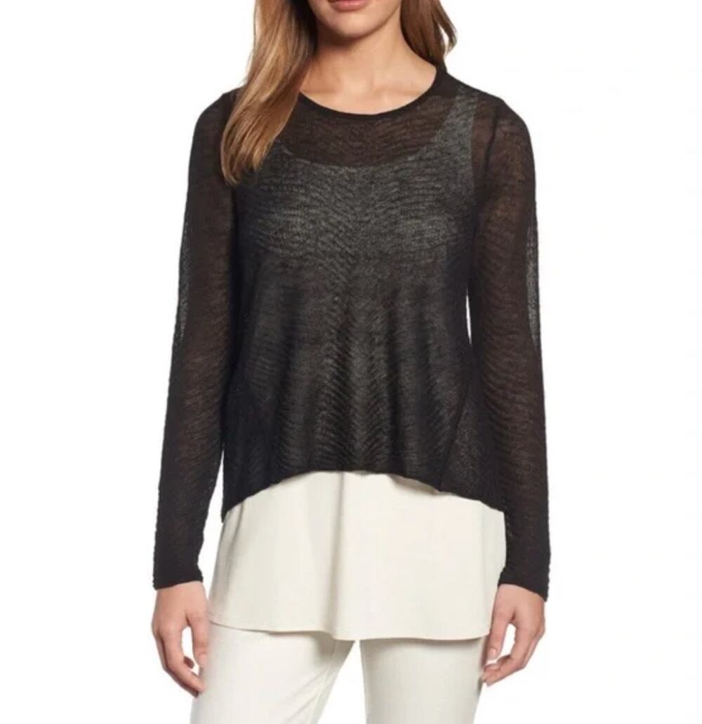 Eileen Fisher Black Hemp Sheer Knit High Low Pullover Sweater Top Size M